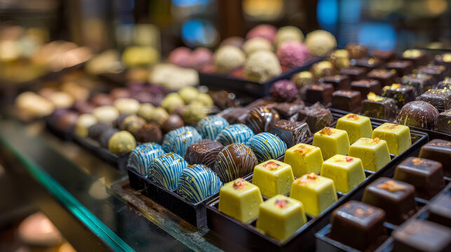 A neatly arranged selection of assorted chocolate pralines and bonbons fills a café confectionery display.