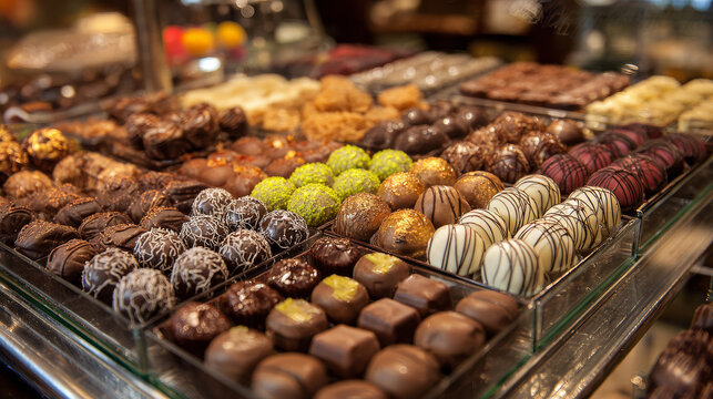 A neatly arranged selection of assorted chocolate pralines and bonbons fills a caf&eacute; confectionery display.