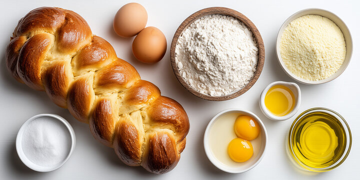 A loaf of challah bread with ingredients