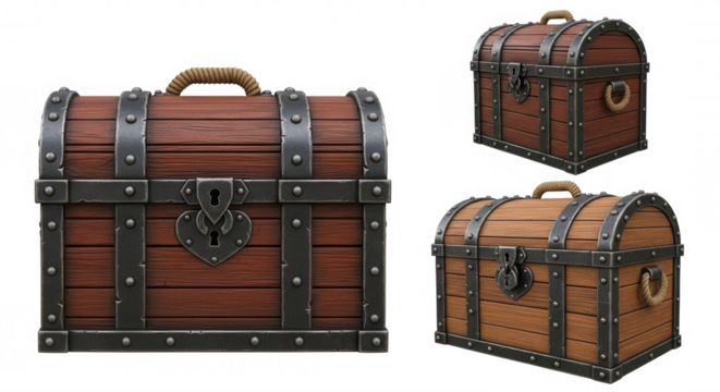 Wooden treasure chests with metal accents isolated on a transparent background