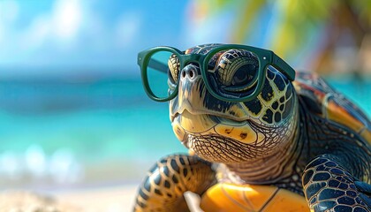 Funny sea turtle wearing glasses on a sunny tropical beach vacation.