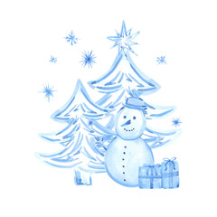 Hand drawn watercolor blue monochrome Christmas trees presents and snowman composition. Illustration isolated on white background. Can be used for postcard, label and other printed products.
