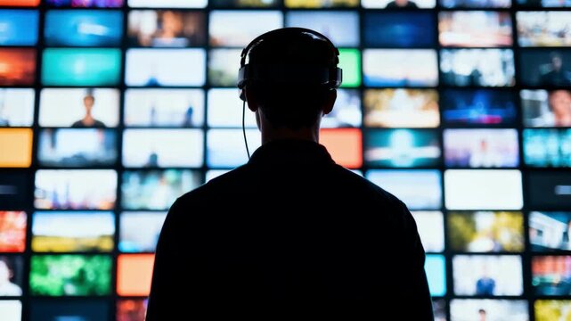 Man wearing headphones watching multiple screens on a large video wall in dark control room, media monitoring and content curation for broadcasting and digital streaming operations
