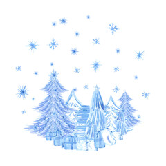 Fototapeta premium Hand drawn watercolor blue monochrome Christmas trees and presents round label composition. Illustration isolated on white background. Can be used for postcard, label and other printed products.