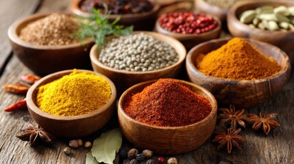 Fototapeta premium Various spices in wooden bowls sit on a weathered table showcasing their rich colors and textures.