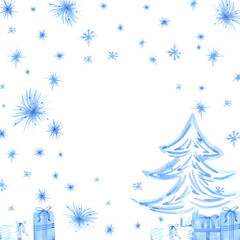 Hand drawn watercolor blue monochrome Christmas trees and presents frame border. Illustration isolated on white background. Can be used for postcard, invitation and other printed products.