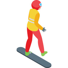 Obraz premium Isometric snowboarder in red pants and yellow vest red helmet green shoes on a snowboard with a transparent background and simple illustration style