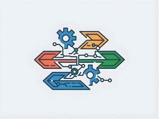 Leadership strategy symbol design with abstract arrows, gears, and network lines showing direction and coordination in hybrid systems