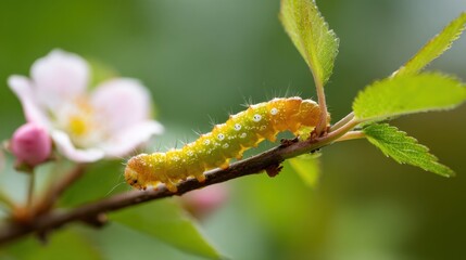Fototapeta premium A vibrant green caterpillar makes its way along a branch surrounded by delicate pink blossoms.