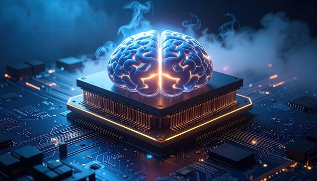Futuristic glowing brain on advanced technology circuit board representing artificial intelligence and digital consciousness. - Powered by Adobe