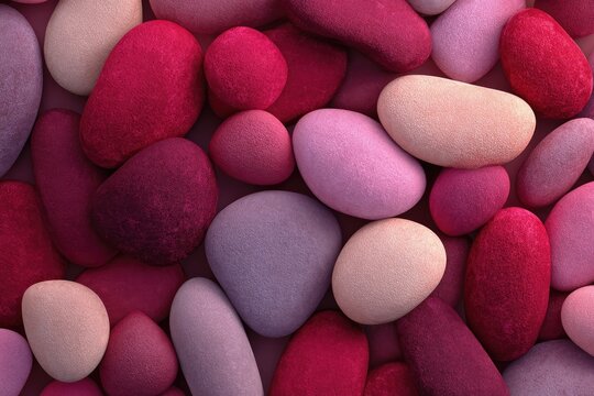 Close-up view of many smooth, colorful pebbles.  Various shades of pink, red, and purple.  Abstract texture
