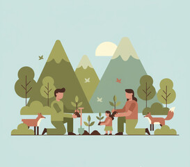 Naklejka premium Family Planting Trees for the Future A Sustainable Ecology Scene