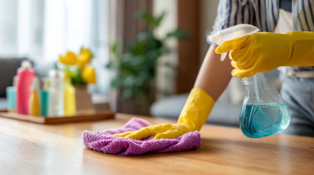 A young housekeeper uses a spray bottle and cloth to wipe surfaces during cleaning duties