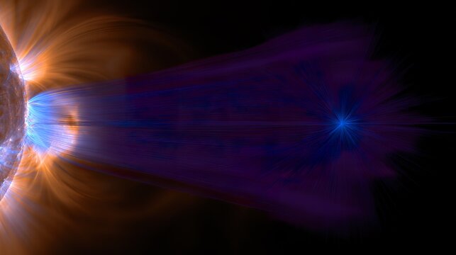 thermosphere. A painterly solar corona explosion with rippling aurora energy cascading toward a small blue planet. STEM education sheets.