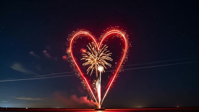 Dazzling heart-shaped fireworks ignite the dark night sky with a vibrant explosion, reflecting on the water's surface, creating a breathtaking and romantic display of celebration