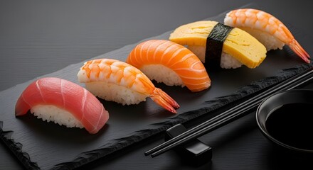 Minimalist Nigiri Sushi Arrangement on Black Slate