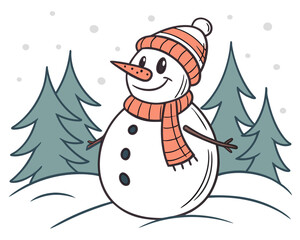 Cheerful snowman with a striped hat and scarf