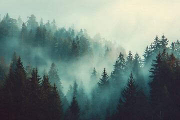 Ethereal forest landscape with misty atmosphere and evergreen trees creating a moody and serene natural scene perfect for meditation and escape