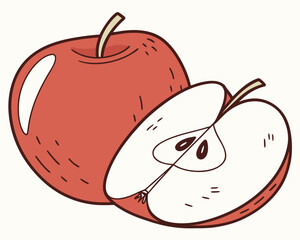 Illustration of a whole red apple and a half apple