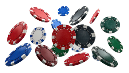 Falling gambling chips in red, blue, green, gray. Black background