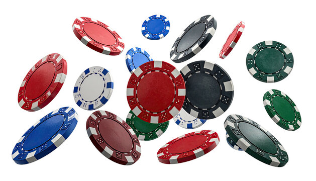 Falling gambling chips in red, blue, green, gray. Black background
