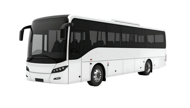 White passenger bus with tinted windows against a blank backdrop