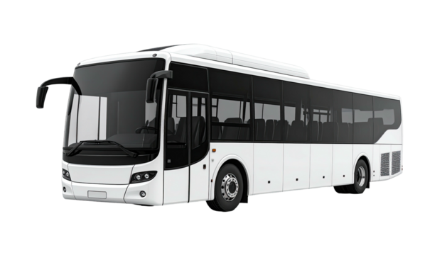 Sleek white passenger bus with darkened windows on black background