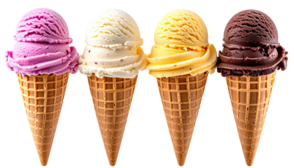 Four ice cream cones, each topped with a different flavor