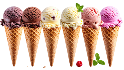 Six ice cream scoops in waffle cones, various flavors, close-up