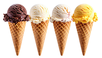 Four ice cream cones with different colored scoops on a dark background