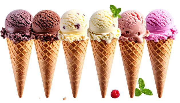 Six ice cream scoops in waffle cones, various flavors, close-up
