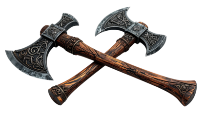 Two ornate viking axes crossed, detailed carving on blade/handle