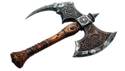 Detailed, ornate double-bladed axe with a wooden handle