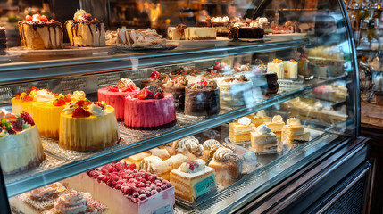 A bakery display case packed with tempting desserts and pastries kept fresh inside a refrigerated showcase