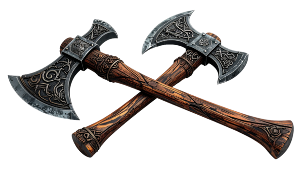 Two ornate viking axes crossed, detailed carving on blade/handle