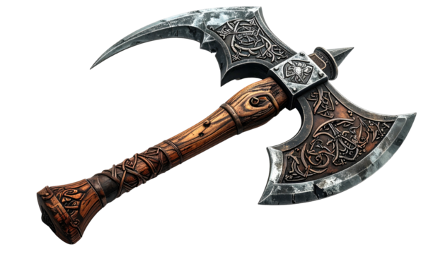 Detailed, ornate double-bladed axe with a wooden handle