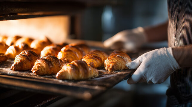Wearing gloves and an apron, a baker places freshly proofed croissants into a commercial oven to bake