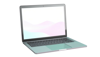 Silver laptop with pastel waves screen, angled