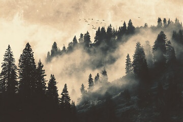 Ethereal pine forest landscape with mist rolling through the trees and birds flying above, perfect for nature lovers and outdoor enthusiasts