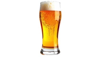 Foamy light beer fills a tall, sleek glass on dark background