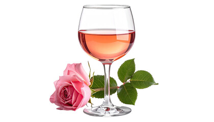 Ros? wine in a glass next to a pink rose on black background