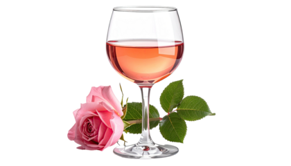 Ros? wine in a glass next to a pink rose on black background