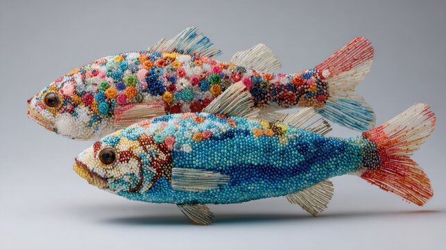 Two colorful fish sculptures crafted from beads display intricate patterns and detail capturing attention.