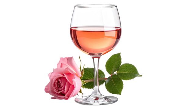Ros? wine in a glass next to a pink rose on black background - Powered by Adobe