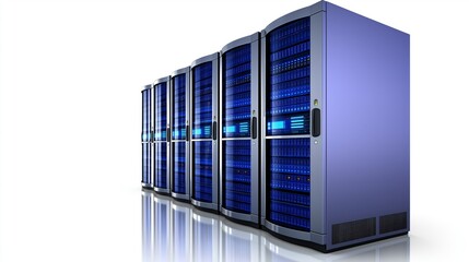 Row of modern data servers with blue led lights in a secure facility