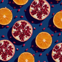 Pattern of sliced oranges and pomegranates on a navy blue background