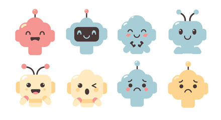 Collection of diverse cartoon robot emoji faces showcasing various emotions and expressions, perfect for digital communication and technology designs