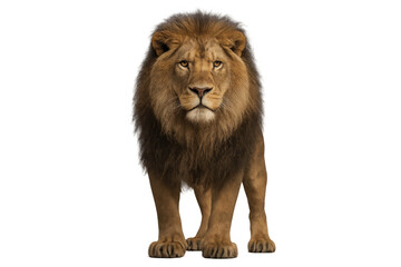 Obraz premium Male lion standing, facing forward with a majestic mane, representing power, leadership, and freedom. Transparent background