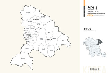 Obraz premium 충청남도 천안시 행정동 윤곽선 지도