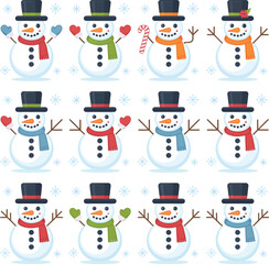 Seamless pattern with cute cartoon snowmen in hats and scarves, a cheerful winter holiday illustration